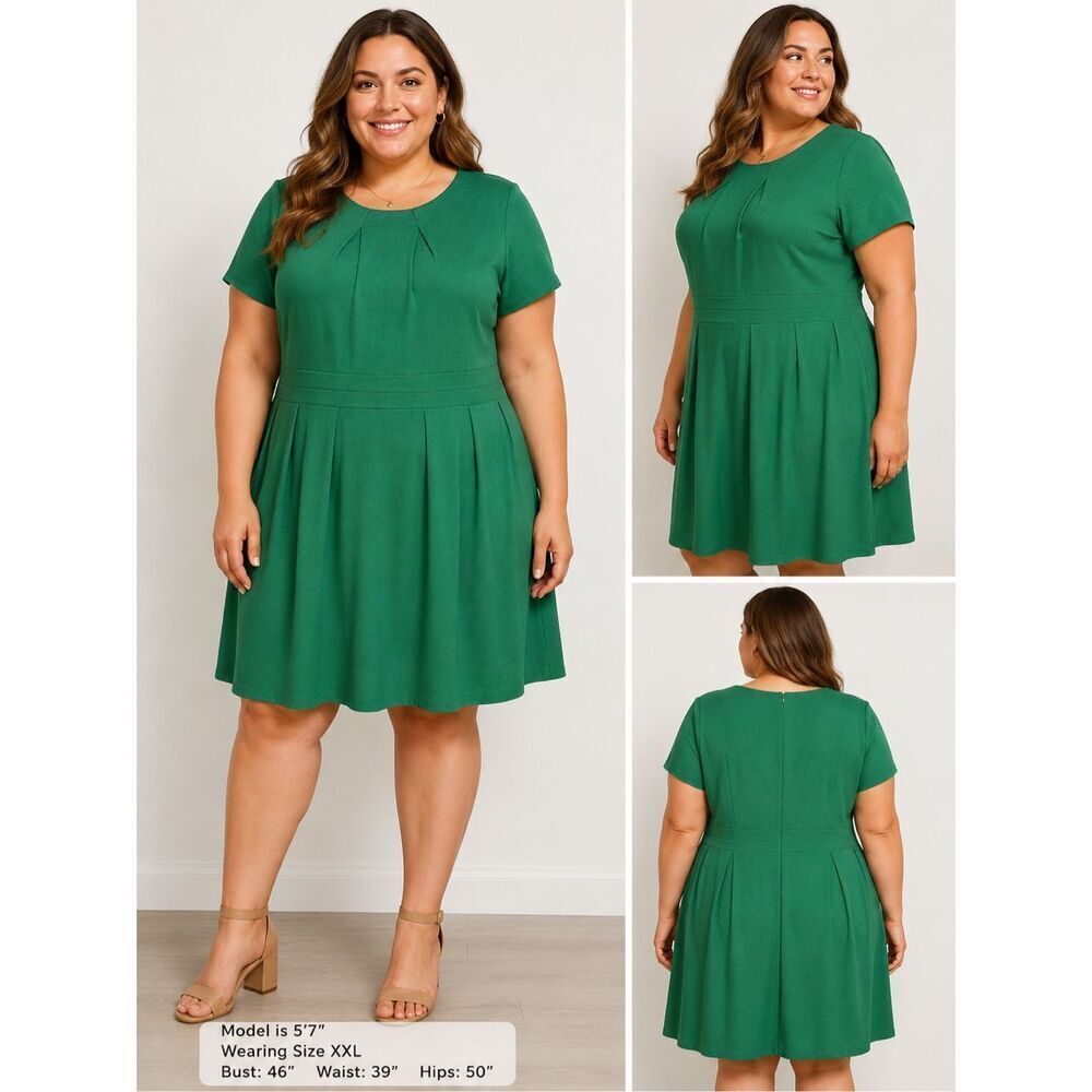 Acevog Womens Shift Dress Knee Length Pleated Cotton Stretch Green XXL